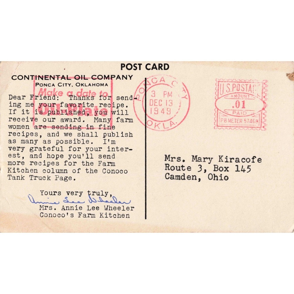 Vintage 1949 Conoco Farm Kitchen Postcard Ponca City Oklahoma Mrs Wheeler VG - Picture 2 of 2